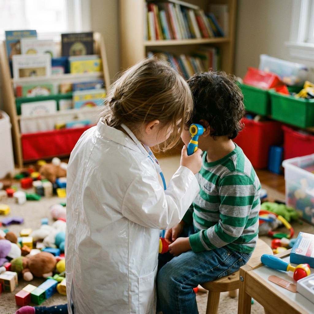 Child in white coat using toy otoscope to check another child's ear