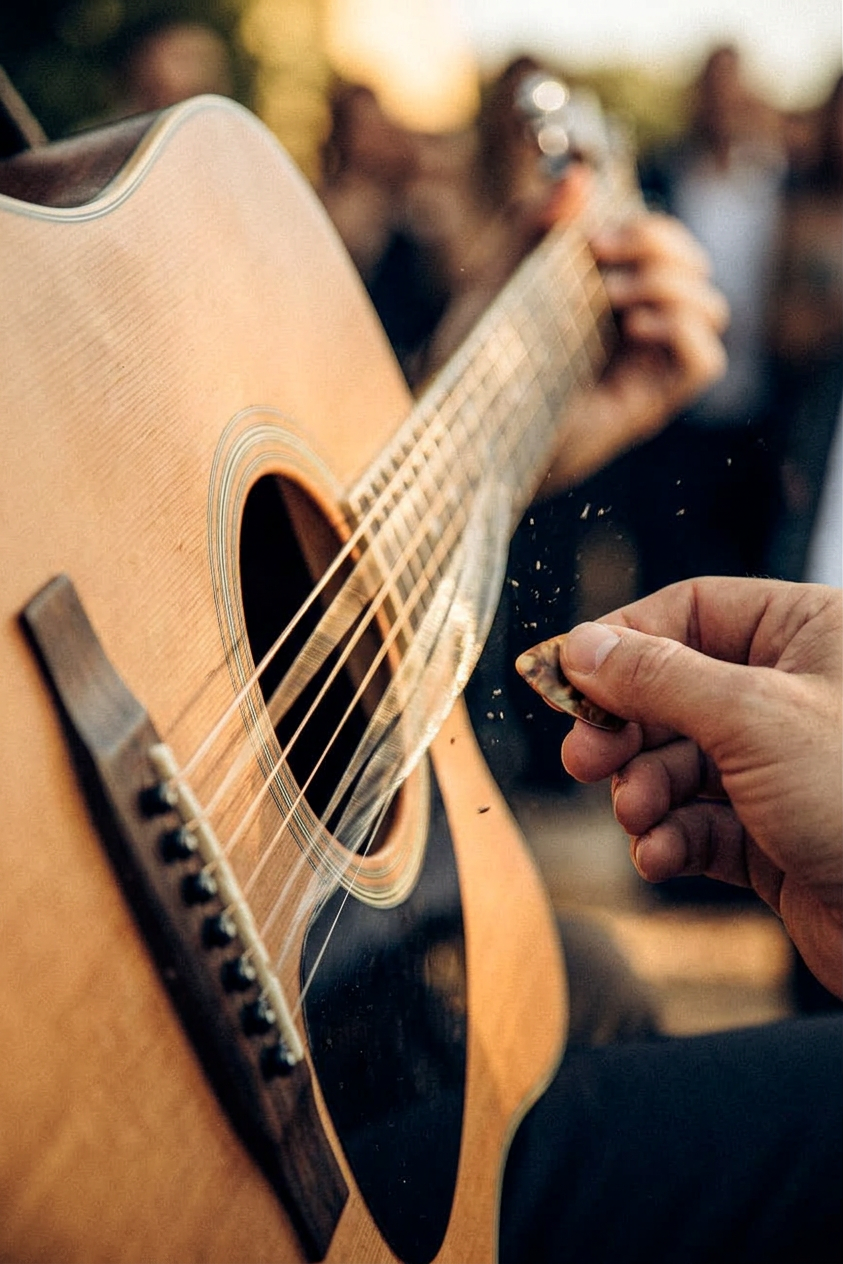 Hand strumming an acoustic guitar with a pick near the sound hole