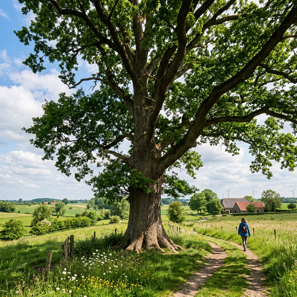 Close-up of acoustic guitar strumming Hiker walking beneath a large oak tree on a countryside path